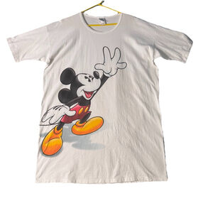 Vintage Mickey Pluto Graphic Long T-shirt OS White Cotton USA Sleepwear